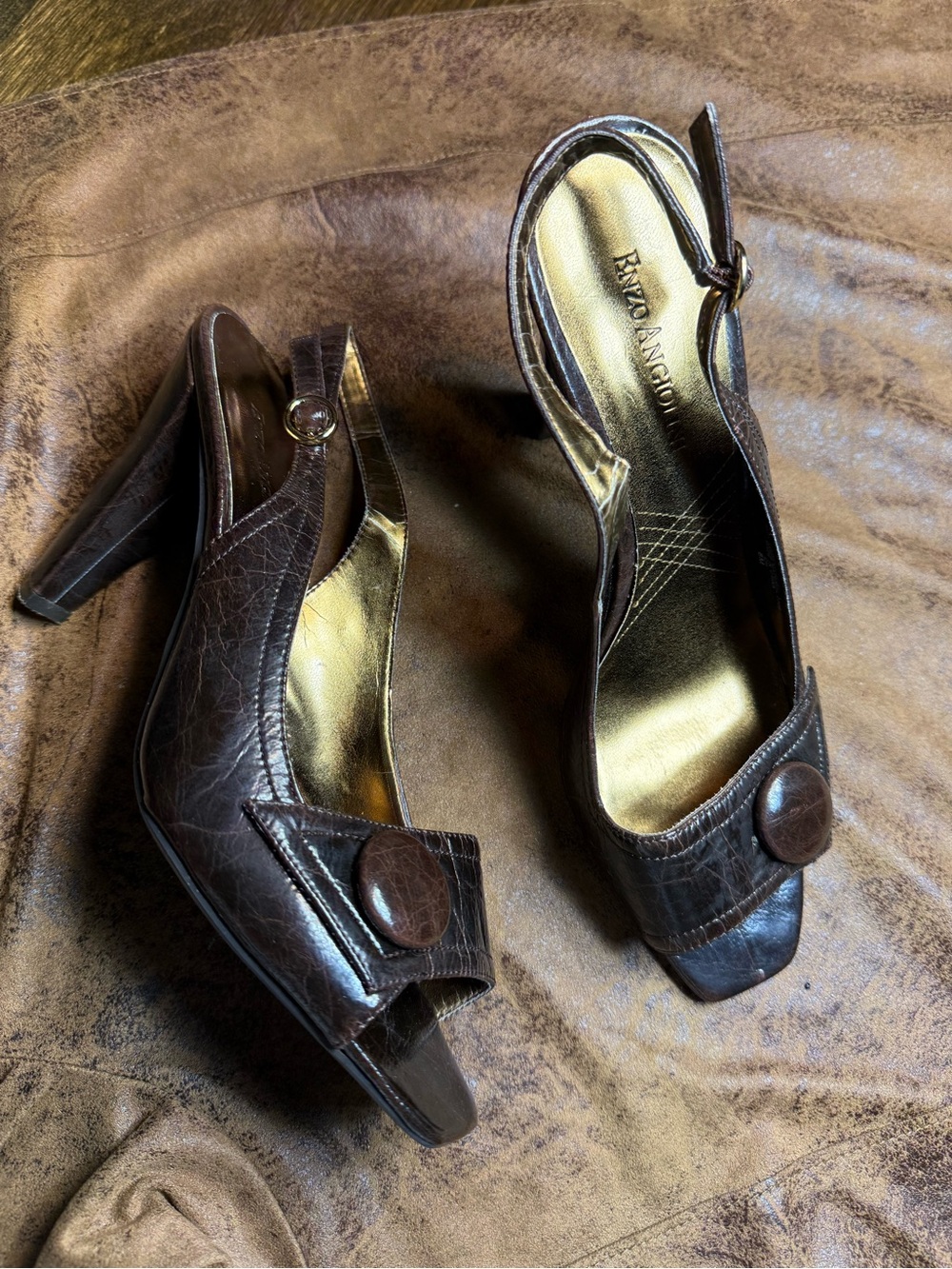46. Enzo Angiolini Dark Brown Leather Peep-Toe Slingback Heels